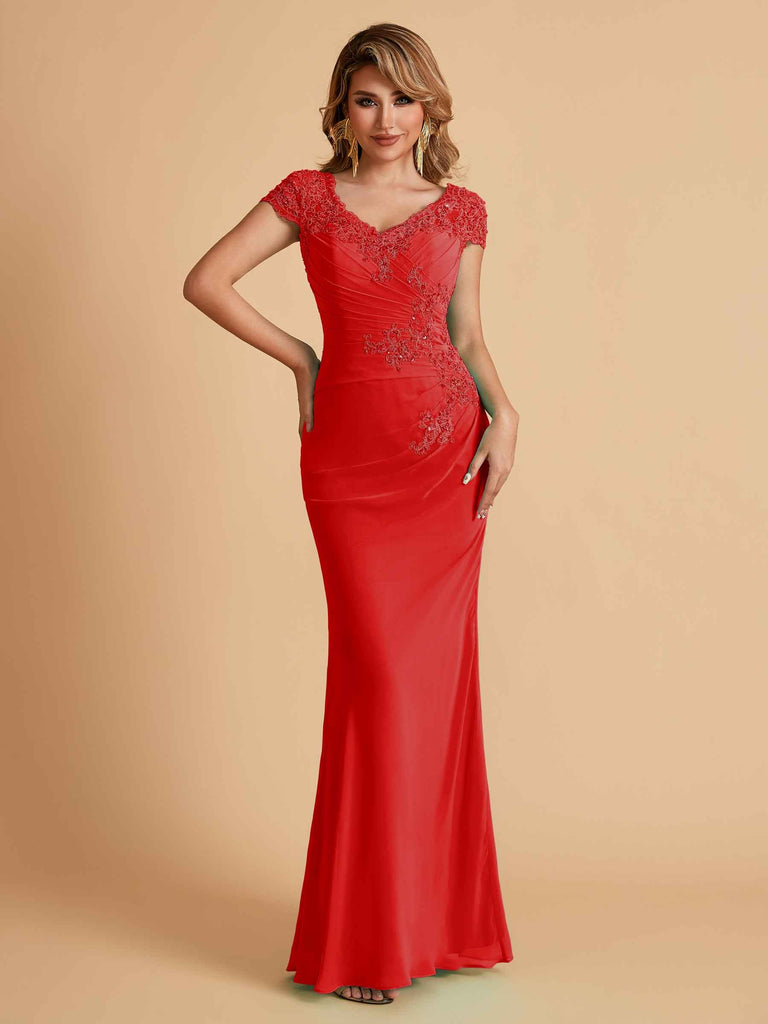 Elegant Mermaid Chiffon Cap Sleeves V-Neck Lace Mother of the Brides Dresses Online UK