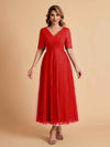 Elegant A-line Short Sleeves Tulle Lace V-neck Maxi Mother of the Brides Dresses Online UK