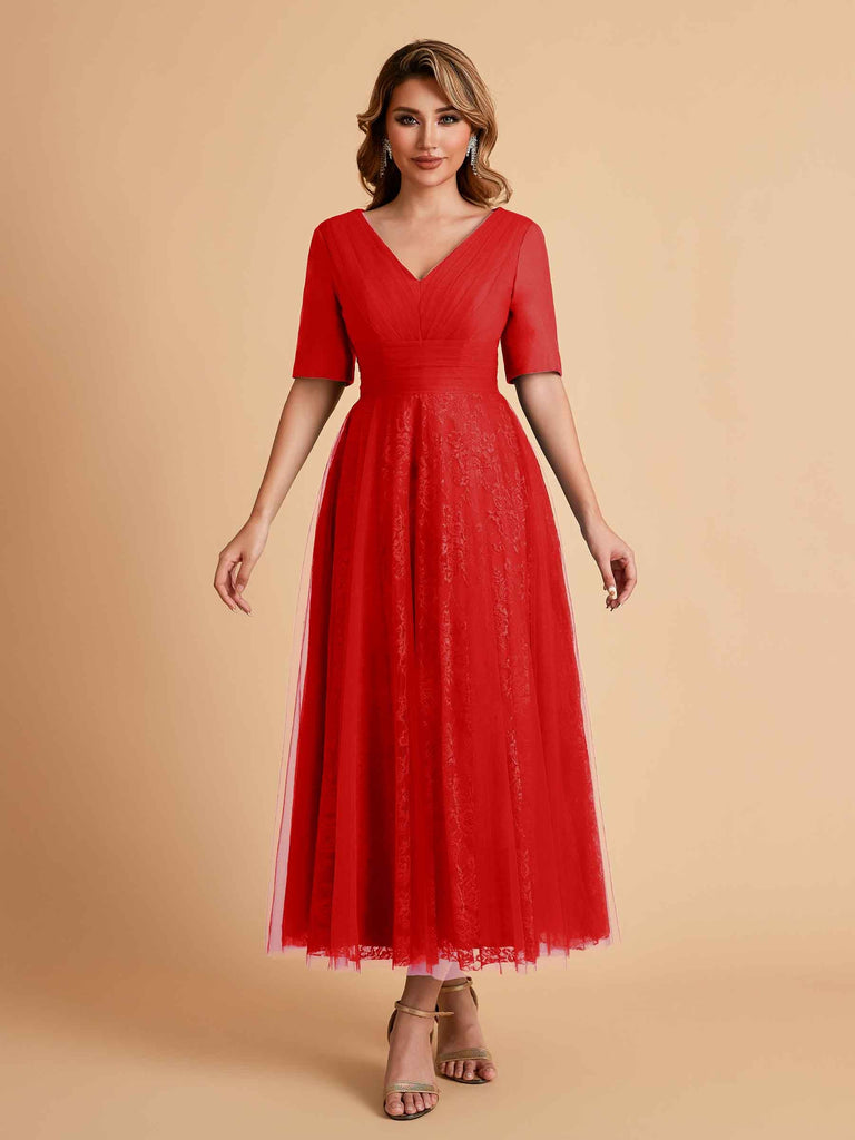 Elegant A-line Short Sleeves Tulle Lace V-neck Maxi Mother of the Brides Dresses Online UK