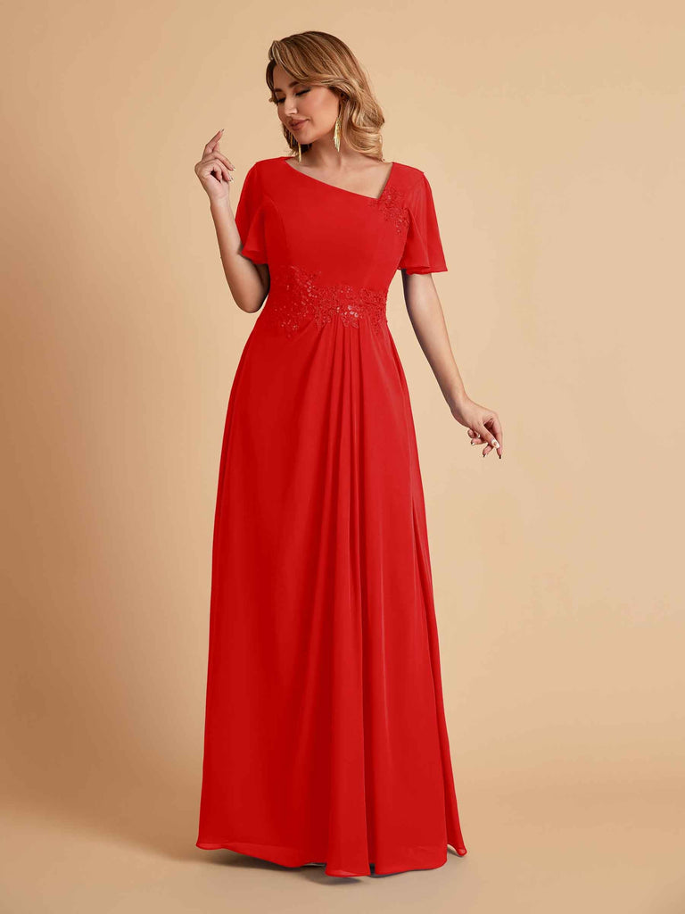 Elegant A-Line Chiffon Short Sleeves V-Neck Mother of the Brides Dresses Online