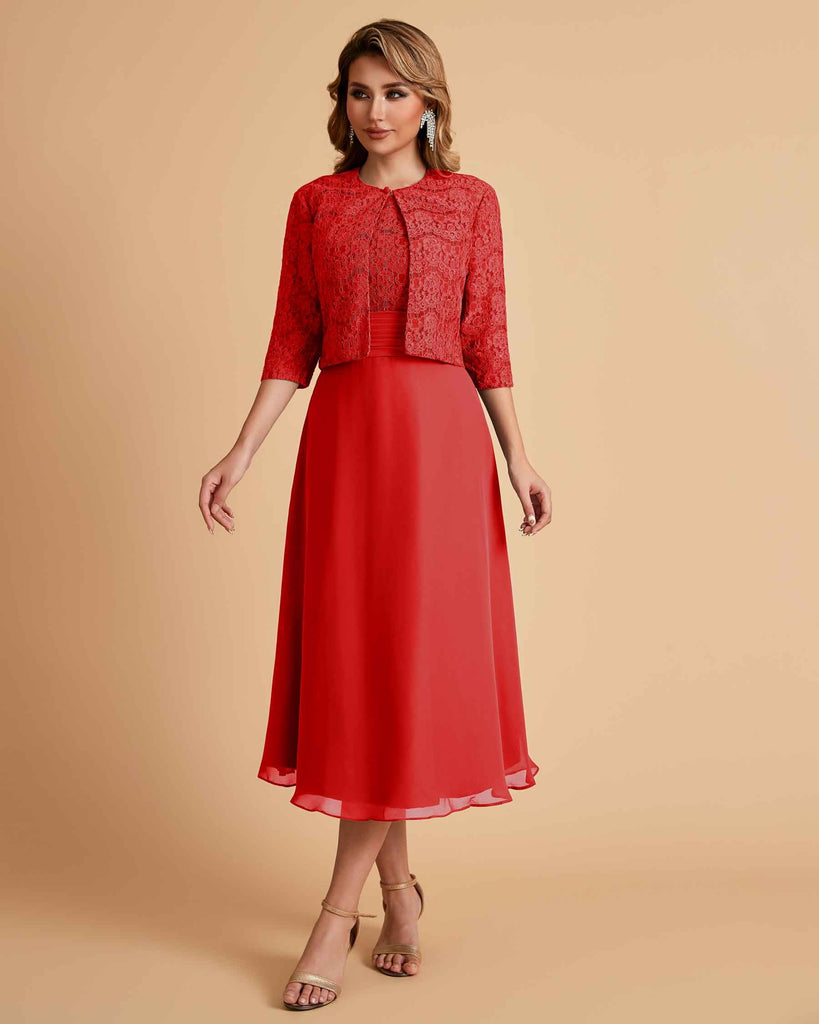 Elegant A-line Bateau Sleeveless Tea Length Short Mother of the Brides Dresses and Jacket