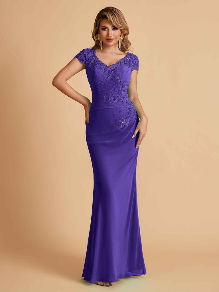 Elegant Mermaid Chiffon Cap Sleeves V-Neck Lace Mother of the Brides Dresses Online UK
