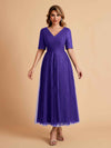 Elegant A-line Short Sleeves Tulle Lace V-neck Maxi Mother of the Brides Dresses Online UK
