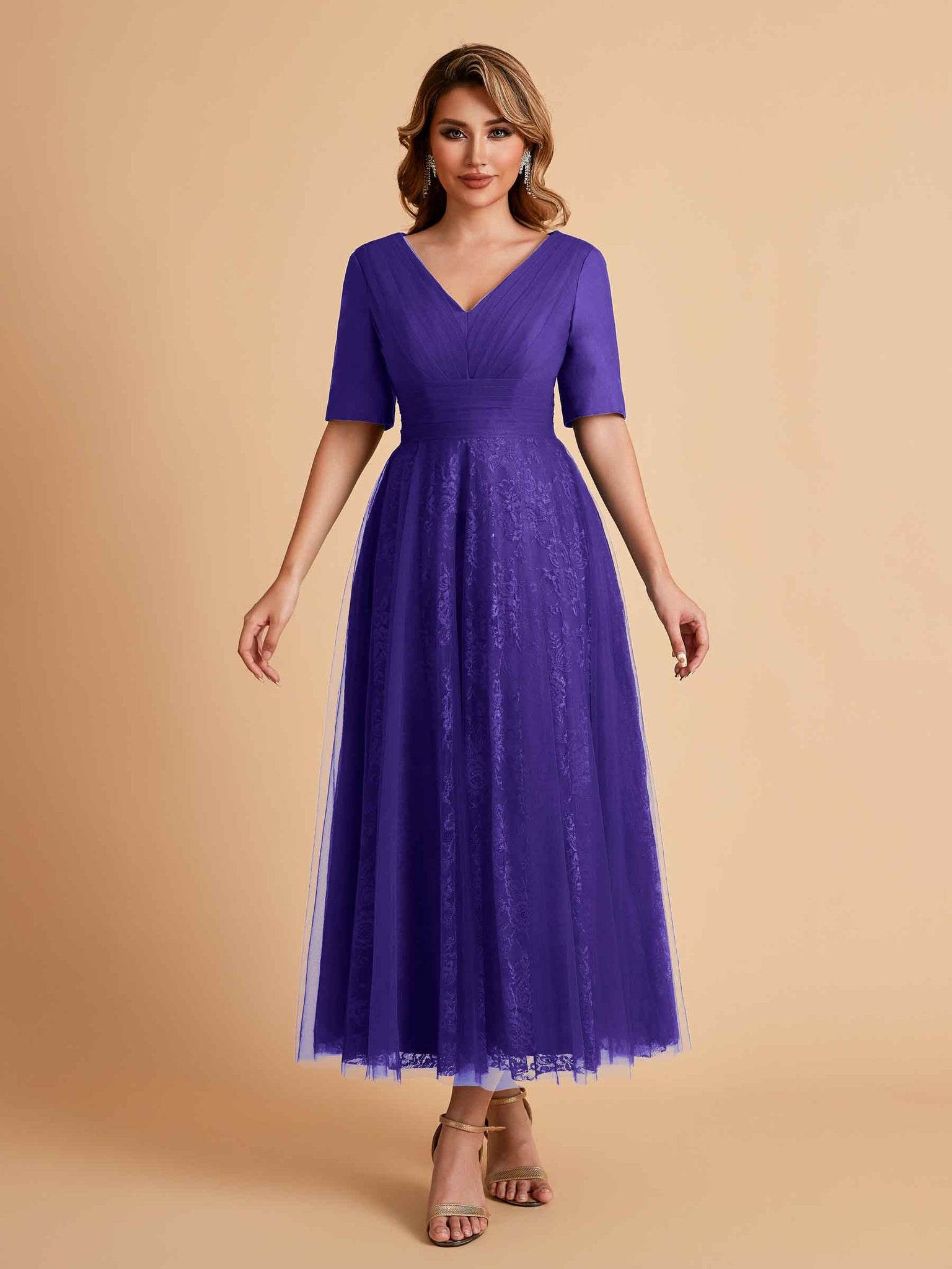 Elegant A-line Short Sleeves Tulle Lace V-neck Maxi Mother of the Brides Dresses Online UK