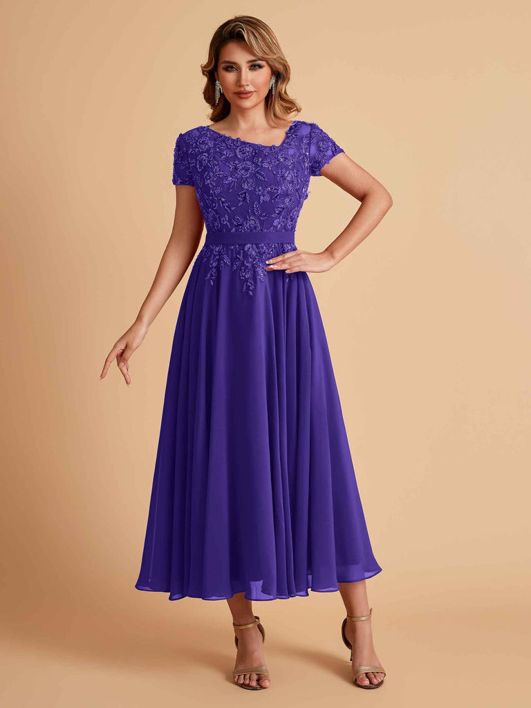 Elegant Chiffon Short Sleeves Short Midi Mother of the Brides Dresses UK Online