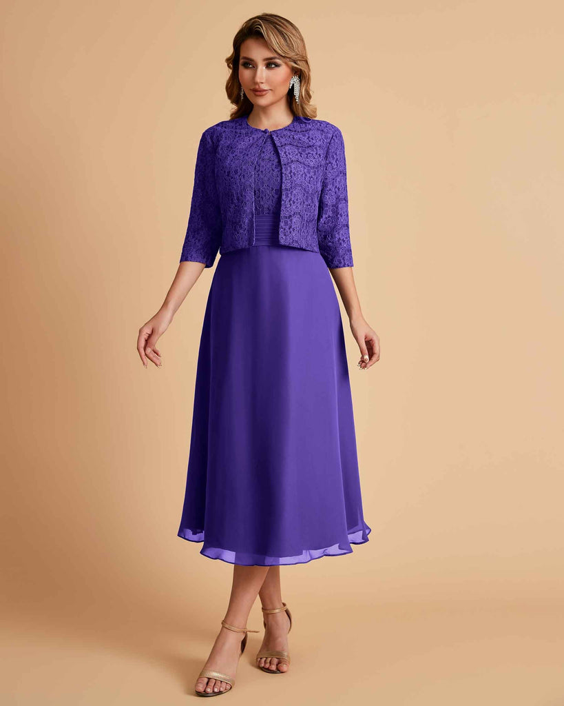 Elegant A-line Bateau Sleeveless Tea Length Short Mother of the Brides Dresses and Jacket