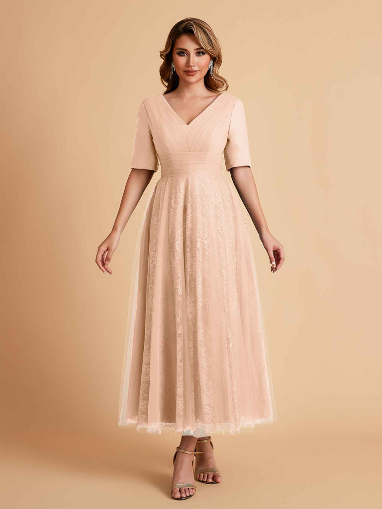 Elegant A-line Short Sleeves Tulle Lace V-neck Maxi Mother of the Brides Dresses Online UK