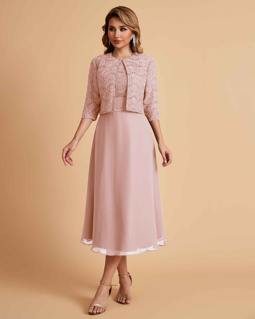 Elegant A-line Bateau Sleeveless Tea Length Short Mother of the Brides Dresses and Jacket