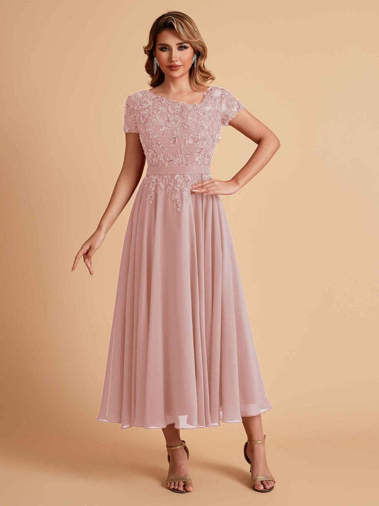 Elegant Chiffon Short Sleeves Short Midi Mother of the Brides Dresses UK Online