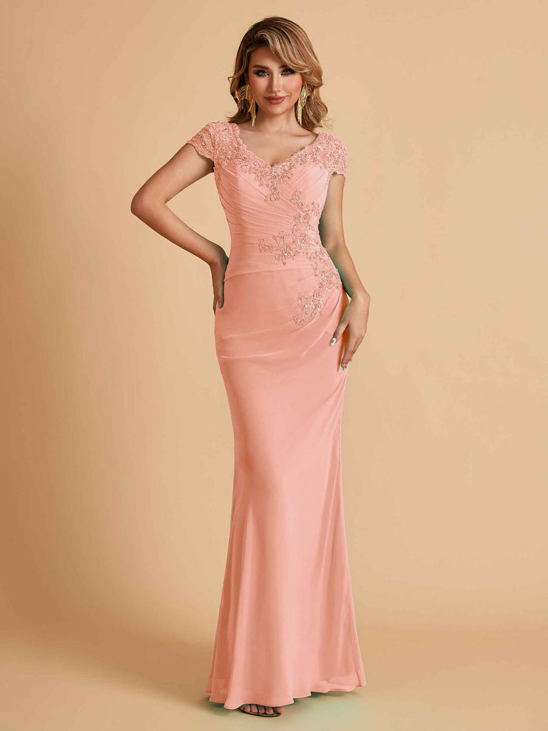 Elegant Mermaid Chiffon Cap Sleeves V-Neck Lace Mother of the Brides Dresses Online UK