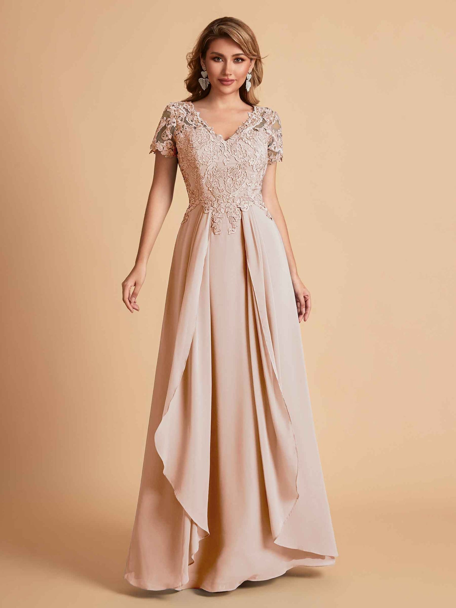 Chiffon Short Sleeves V-neck Lace Mother of the Brides Dresses UK