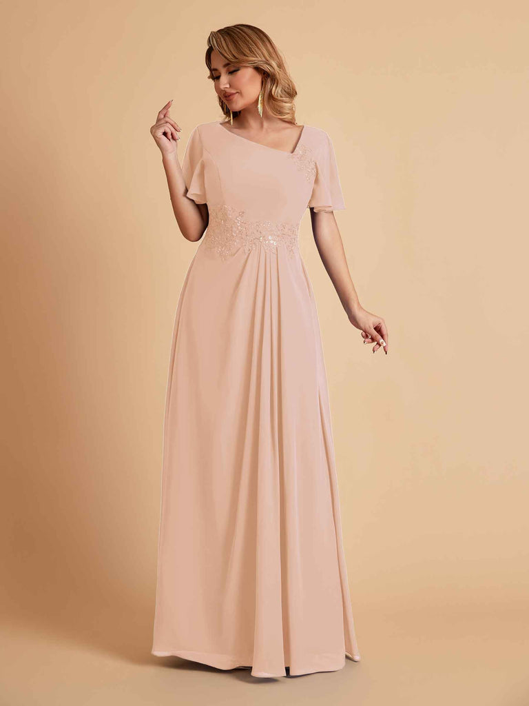 Elegant A-Line Chiffon Short Sleeves V-Neck Mother of the Brides Dresses Online