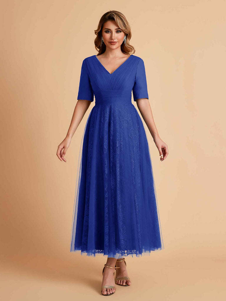 Elegant A-line Short Sleeves Tulle Lace V-neck Maxi Mother of the Brides Dresses Online UK