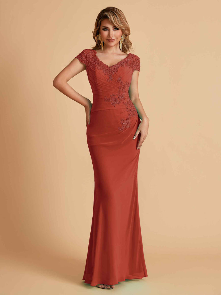 Elegant Mermaid Chiffon Cap Sleeves V-Neck Lace Mother of the Brides Dresses Online UK