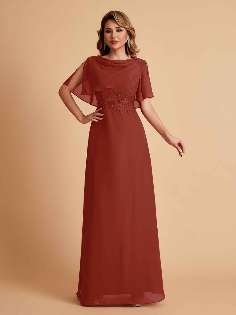 Elegant A-Line Chiffon Half Sleeves Cowl Neck Mother of the Brides Dresses Online UK