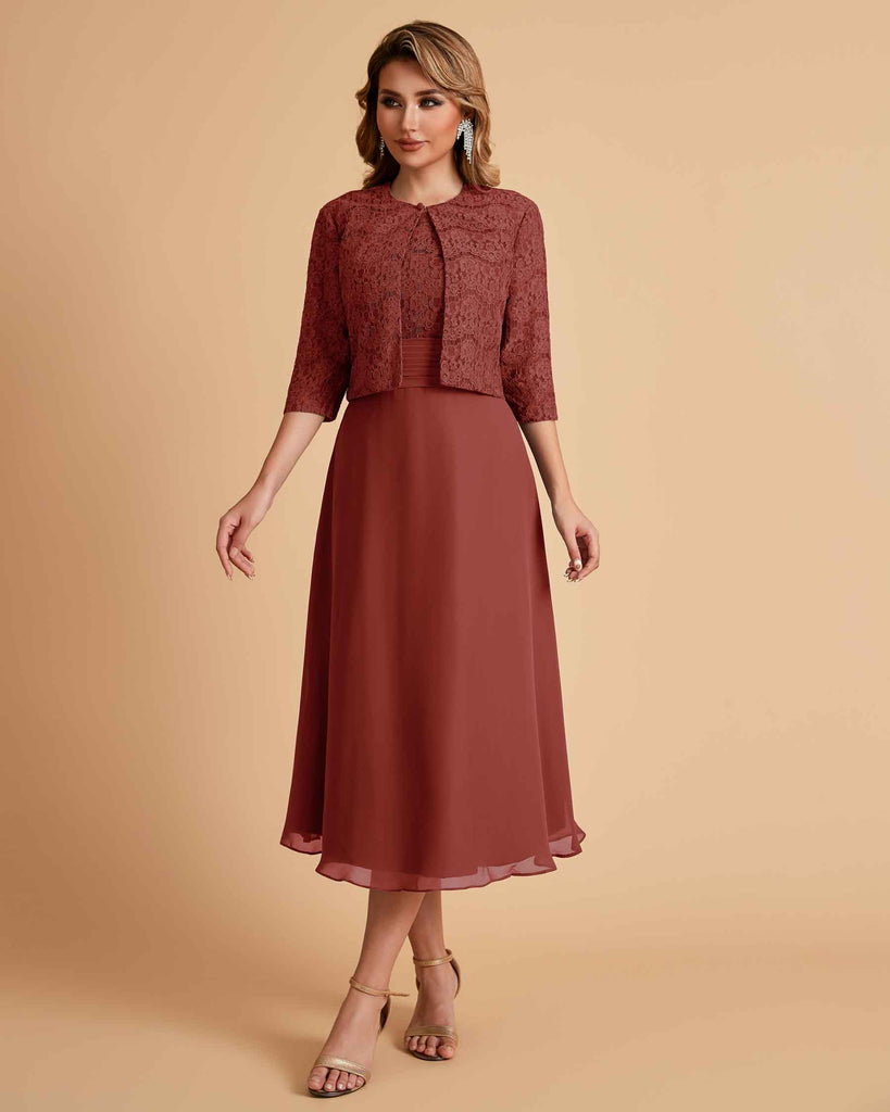 Elegant A-line Bateau Sleeveless Tea Length Short Mother of the Brides Dresses and Jacket