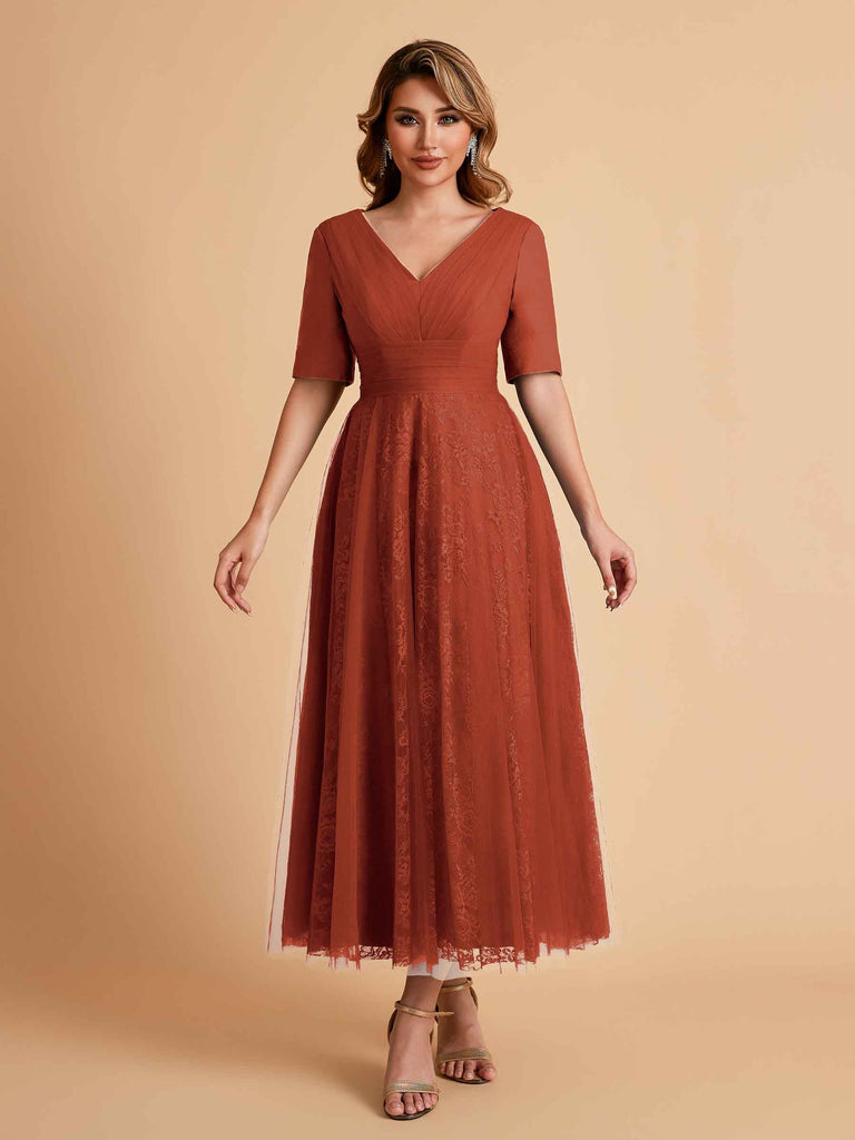 Elegant A-line Short Sleeves Tulle Lace V-neck Maxi Mother of the Brides Dresses Online UK