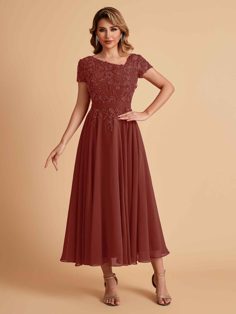 Elegant Chiffon Short Sleeves Short Midi Mother of the Brides Dresses UK Online