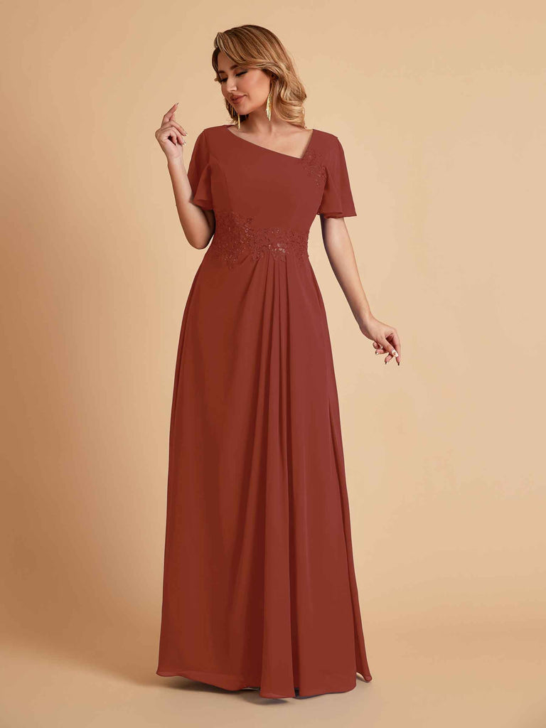 Elegant A-Line Chiffon Short Sleeves V-Neck Mother of the Brides Dresses Online