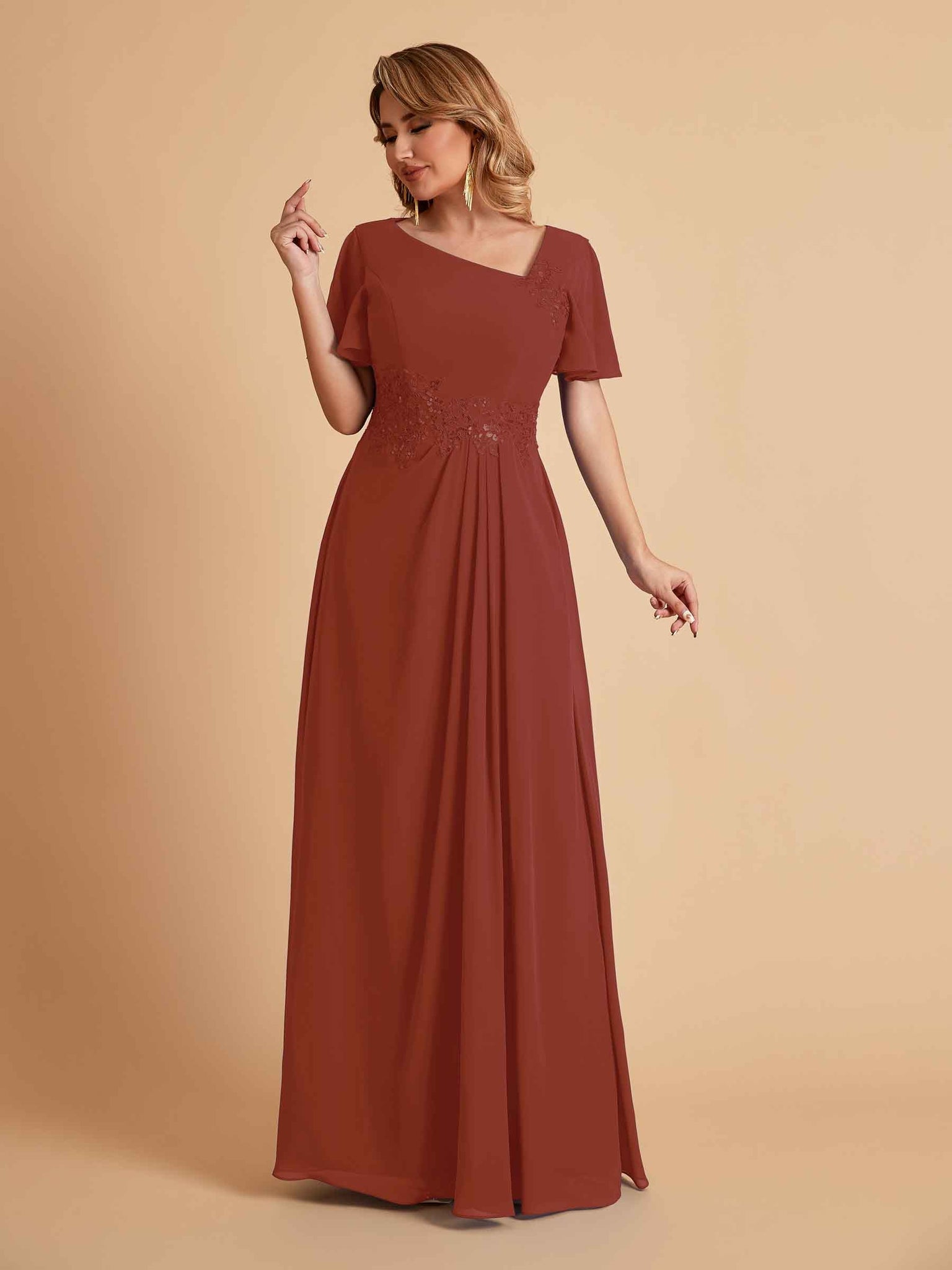 Elegant A-Line Chiffon Short Sleeves V-Neck Mother of the Brides Dresses Online