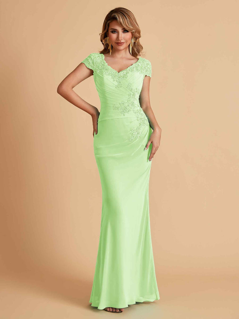 Elegant Mermaid Chiffon Cap Sleeves V-Neck Lace Mother of the Brides Dresses Online UK