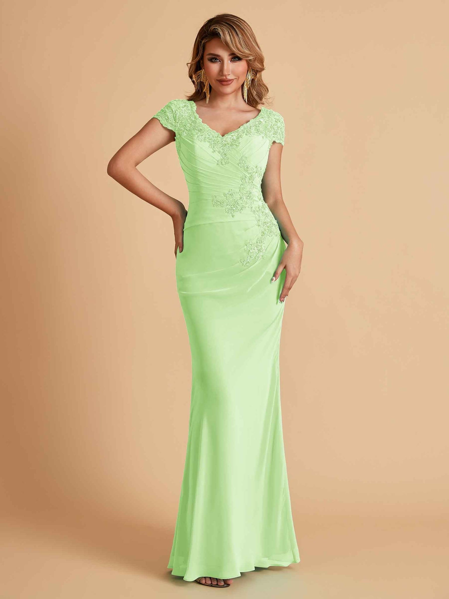 Elegant Mermaid Chiffon Cap Sleeves V-Neck Lace Mother of the Brides Dresses Online UK
