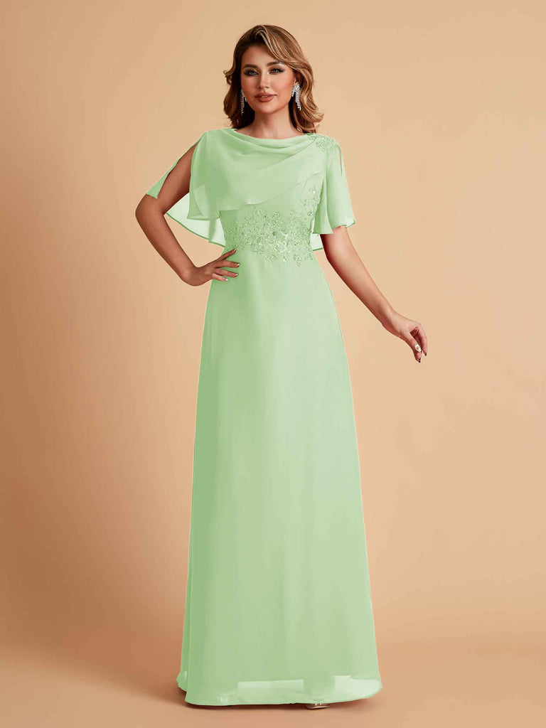Elegant A-Line Chiffon Half Sleeves Cowl Neck Mother of the Brides Dresses Online UK
