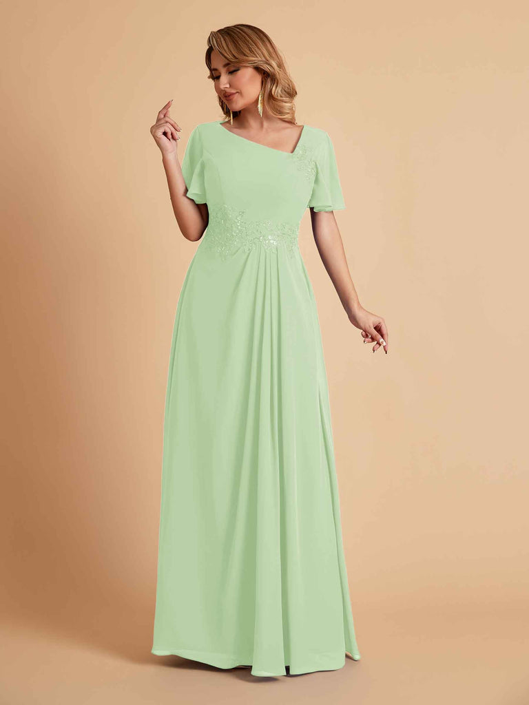 Elegant A-Line Chiffon Short Sleeves V-Neck Mother of the Brides Dresses Online