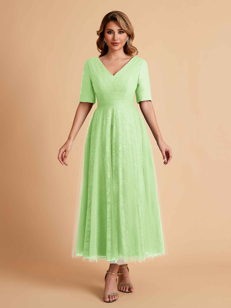 Elegant A-line Short Sleeves Tulle Lace V-neck Maxi Mother of the Brides Dresses Online UK