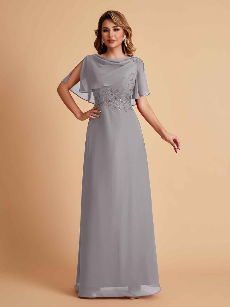 Elegant A-Line Chiffon Half Sleeves Cowl Neck Mother of the Brides Dresses Online UK