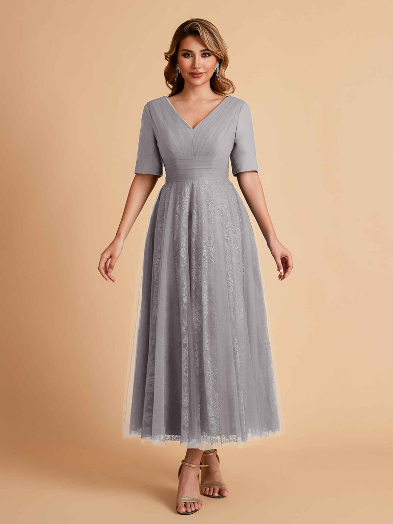 Elegant A-line Short Sleeves Tulle Lace V-neck Maxi Mother of the Brides Dresses Online UK