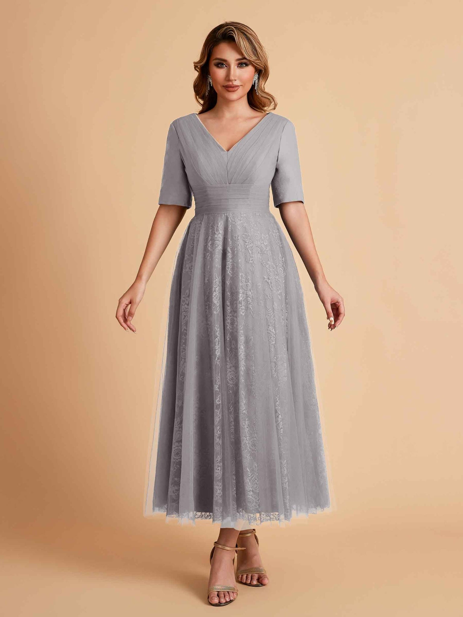 Elegant A-line Short Sleeves Tulle Lace V-neck Maxi Mother of the Brides Dresses Online UK
