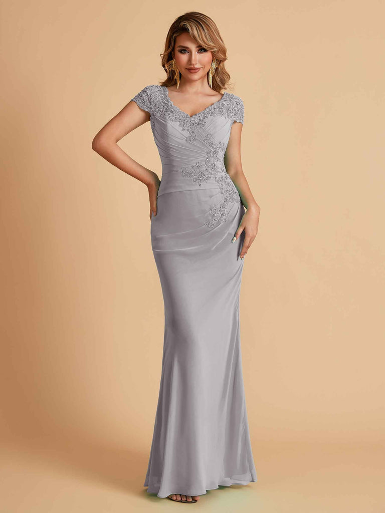 Elegant Mermaid Chiffon Cap Sleeves V-Neck Lace Mother of the Brides Dresses Online UK