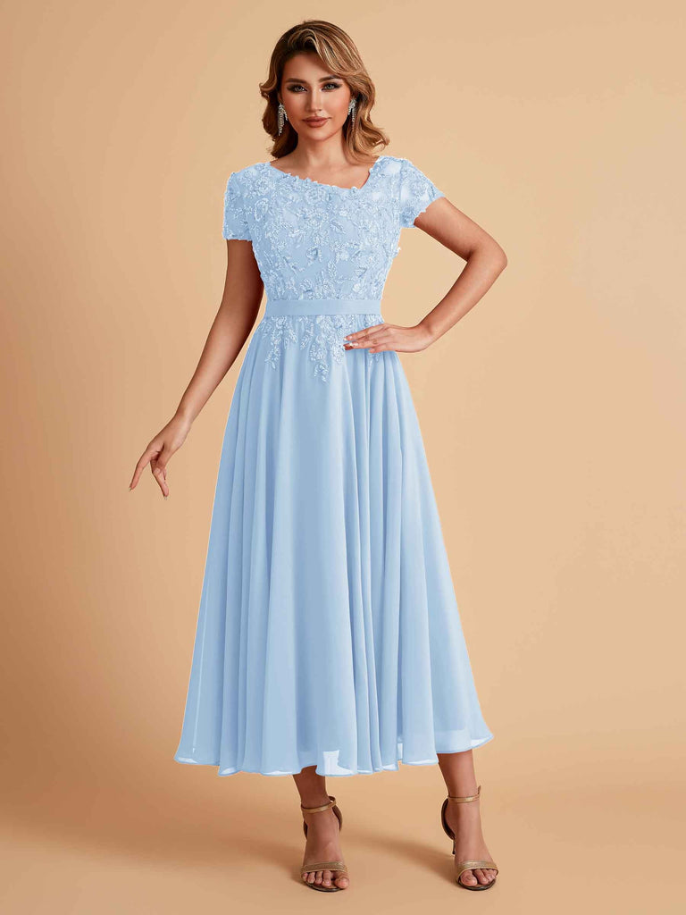 Elegant Chiffon Short Sleeves Short Midi Mother of the Brides Dresses UK Online