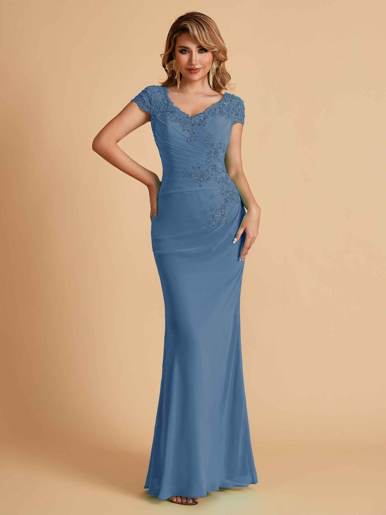 Elegant Mermaid Chiffon Cap Sleeves V-Neck Lace Mother of the Brides Dresses Online UK