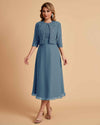 Elegant A-line Bateau Sleeveless Tea Length Short Mother of the Brides Dresses and Jacket