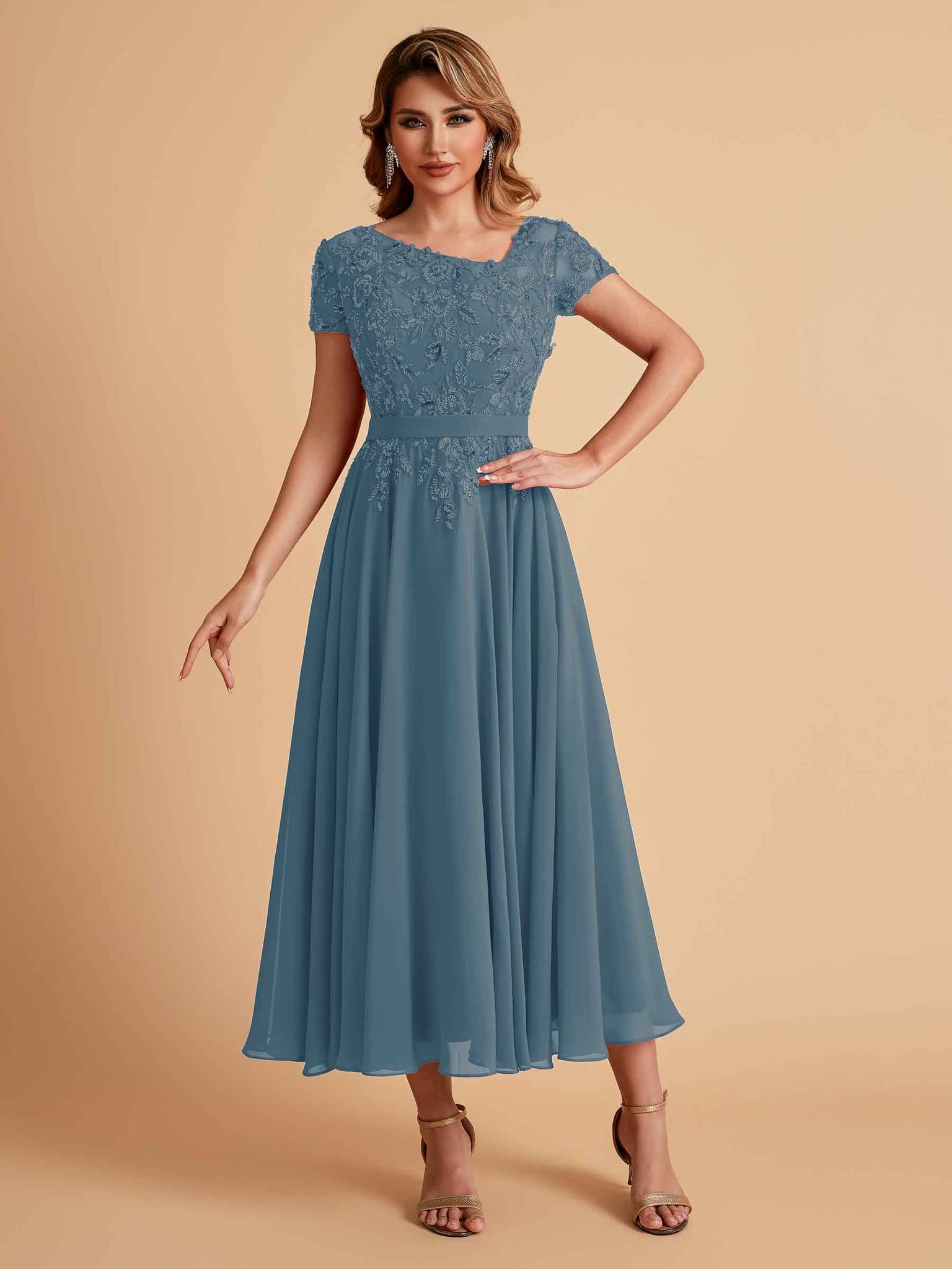 Elegant Chiffon Short Sleeves Short Midi Mother of the Brides Dresses UK Online