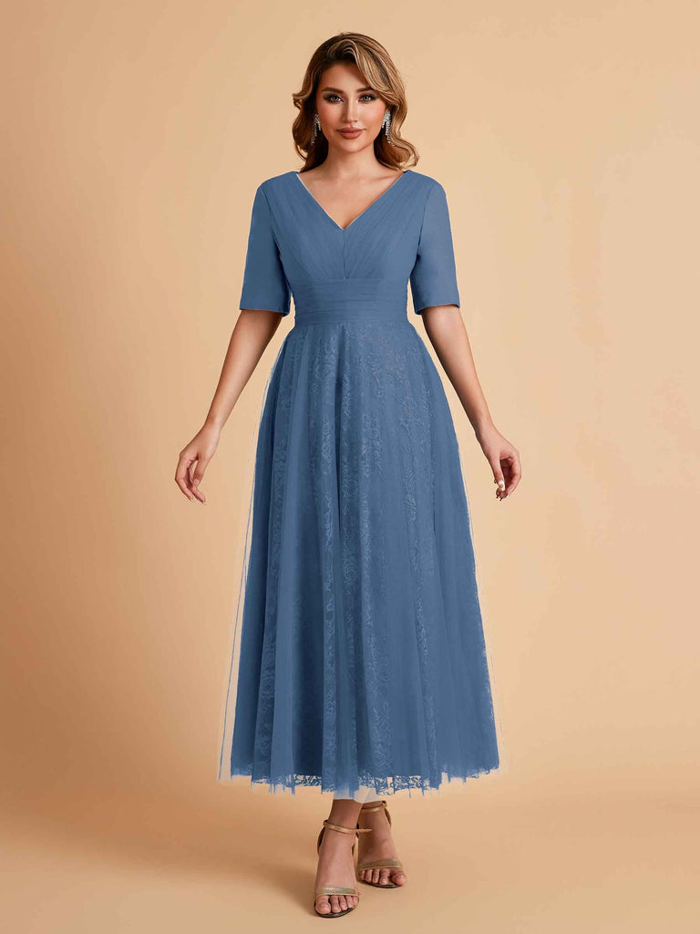 Elegant A-line Short Sleeves Tulle Lace V-neck Maxi Mother of the Brides Dresses Online UK
