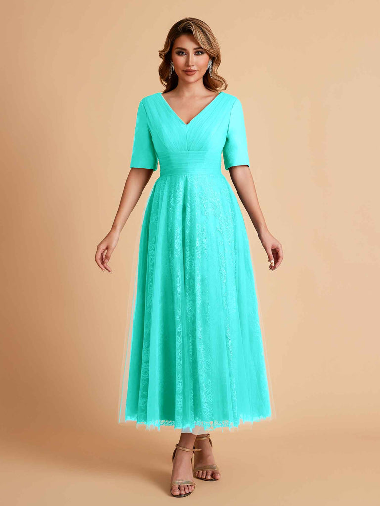 Elegant A-line Short Sleeves Tulle Lace V-neck Maxi Mother of the Brides Dresses Online UK