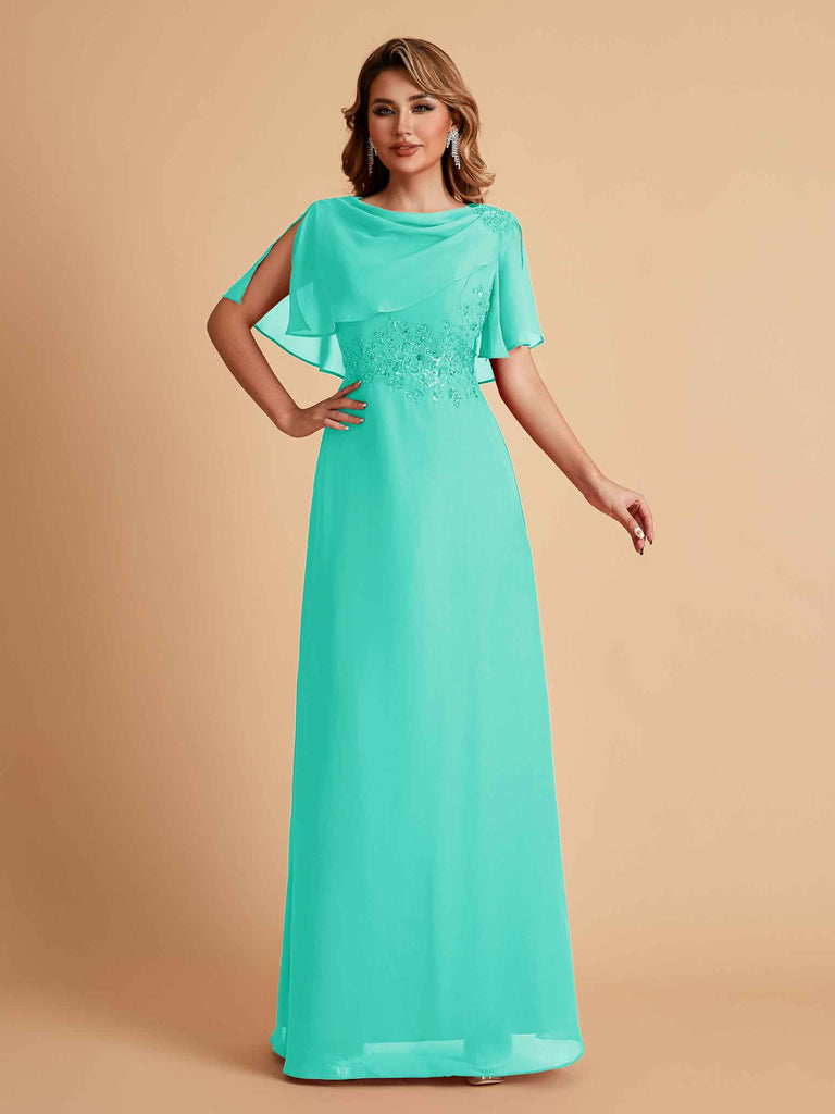 Elegant A-Line Chiffon Half Sleeves Cowl Neck Mother of the Brides Dresses Online UK