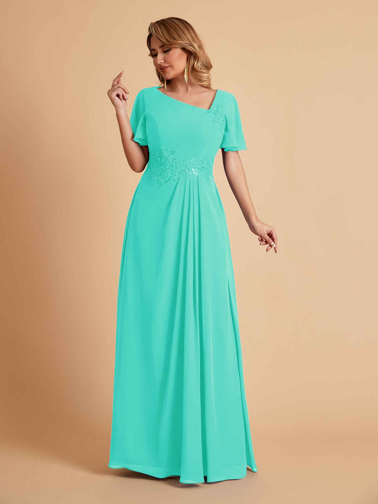 Elegant A-Line Chiffon Short Sleeves V-Neck Mother of the Brides Dresses Online