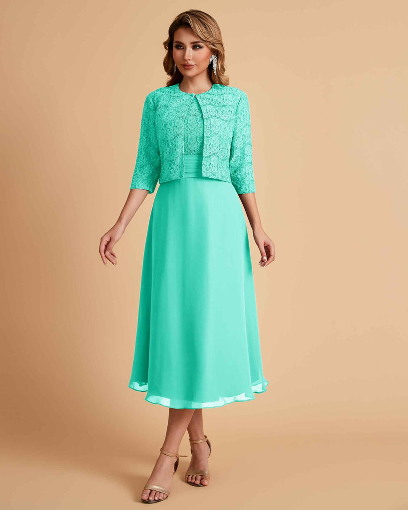 Elegant A-line Bateau Sleeveless Tea Length Short Mother of the Brides Dresses and Jacket
