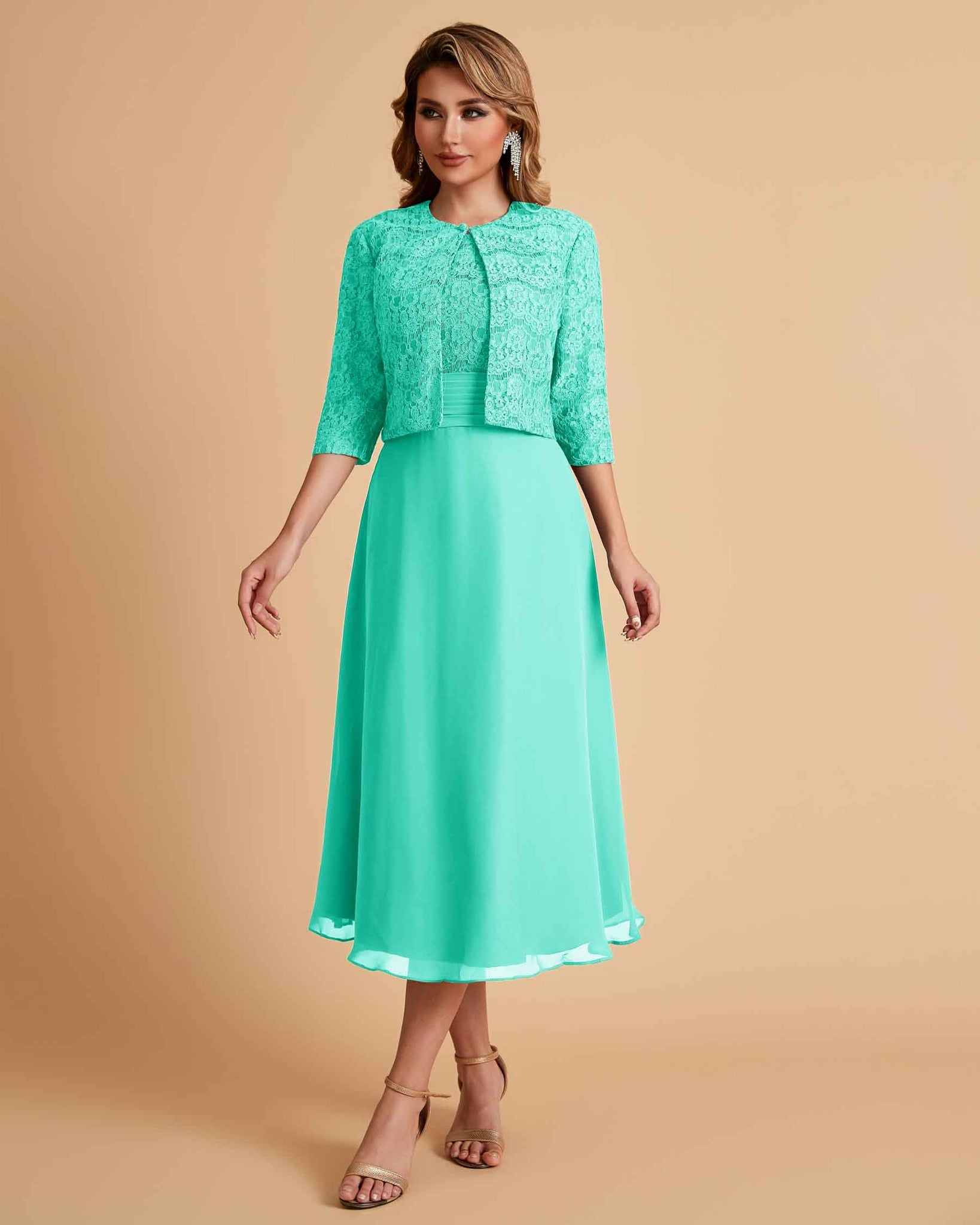 Elegant A-line Bateau Sleeveless Tea Length Short Mother of the Brides Dresses and Jacket