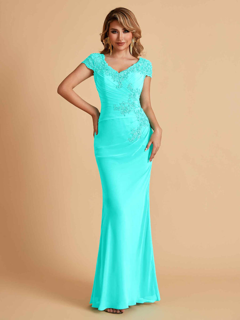 Elegant Mermaid Chiffon Cap Sleeves V-Neck Lace Mother of the Brides Dresses Online UK
