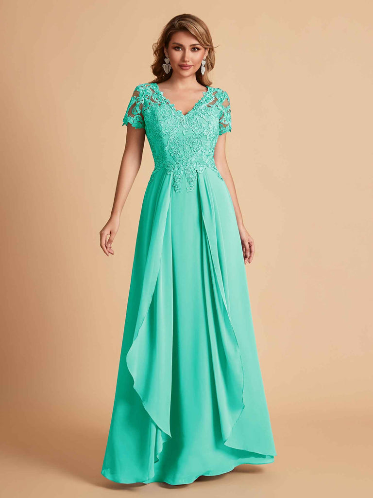 Chiffon Short Sleeves V-neck Lace Mother of the Brides Dresses UK