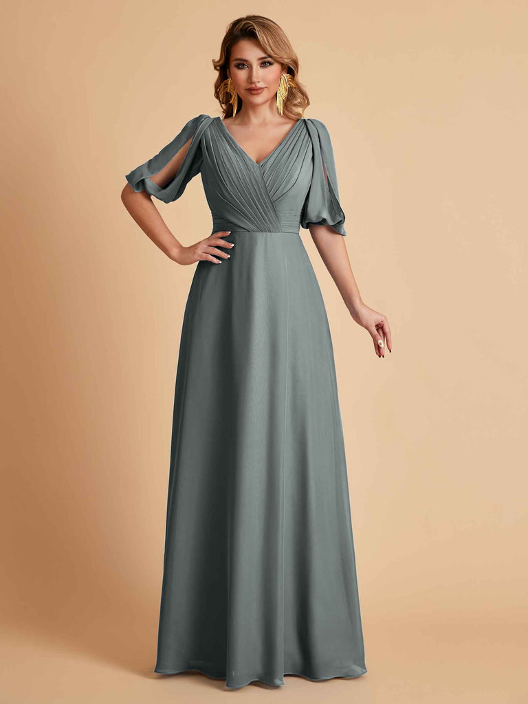 Elegant Chiffon Half Sleeves V-Neck Mother of the Brides Dresses UK Online