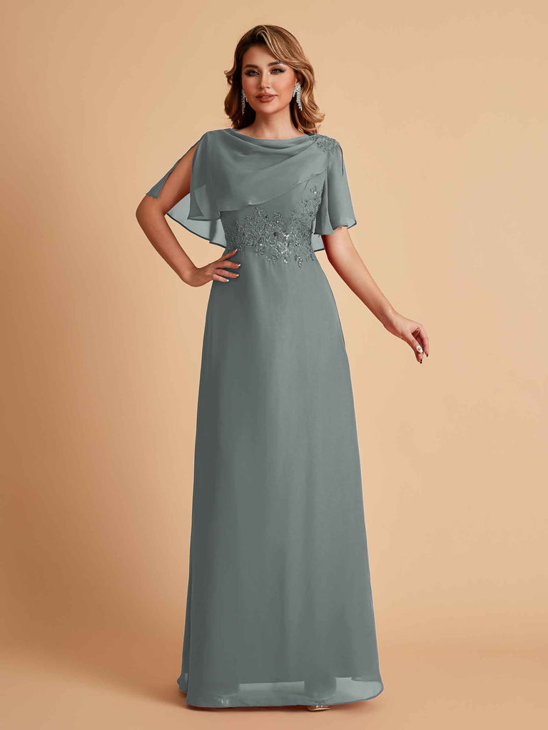 Elegant A-Line Chiffon Half Sleeves Cowl Neck Mother of the Brides Dresses Online UK