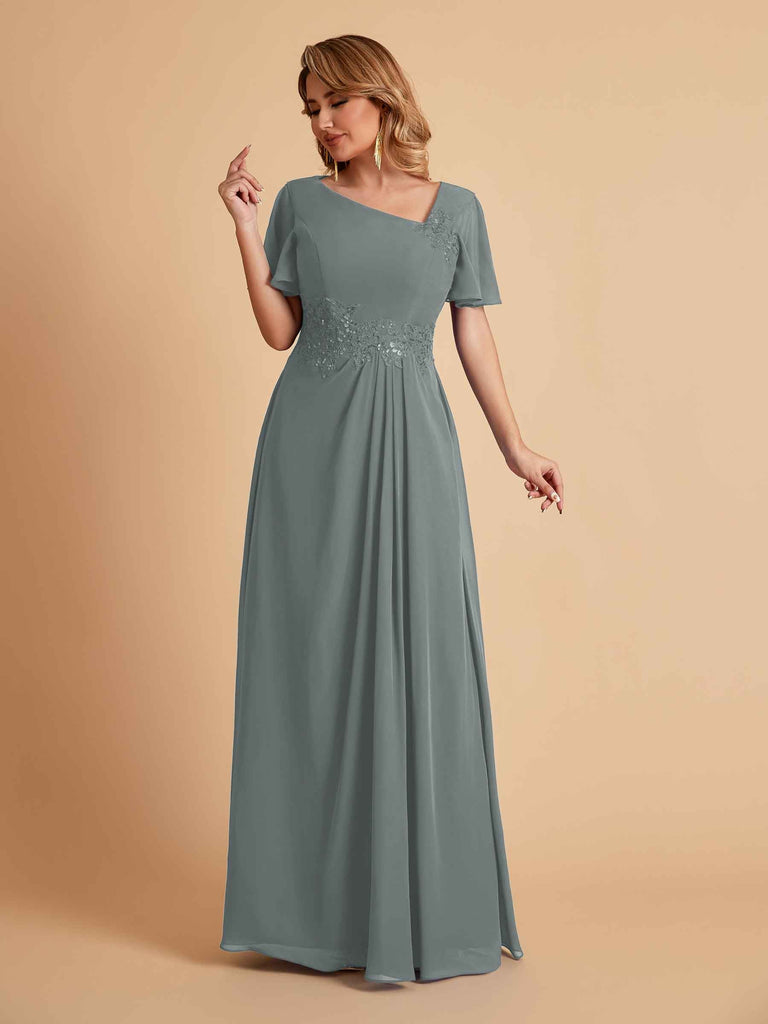Elegant A-Line Chiffon Short Sleeves V-Neck Mother of the Brides Dresses Online