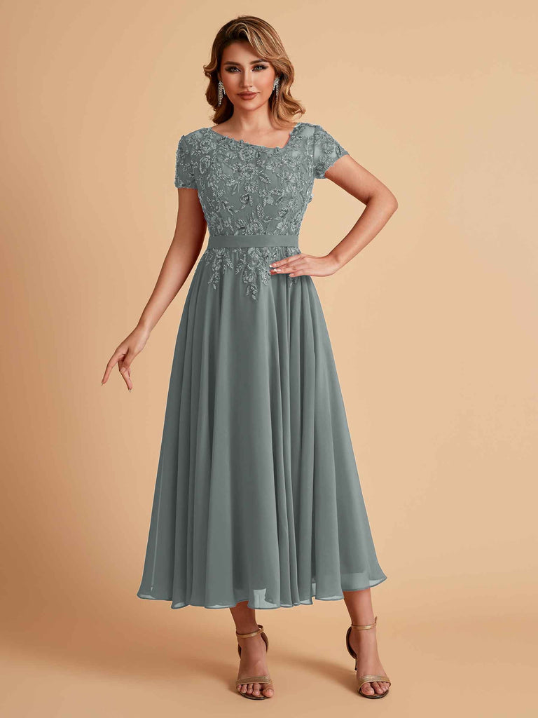 Elegant Chiffon Short Sleeves Short Midi Mother of the Brides Dresses UK Online