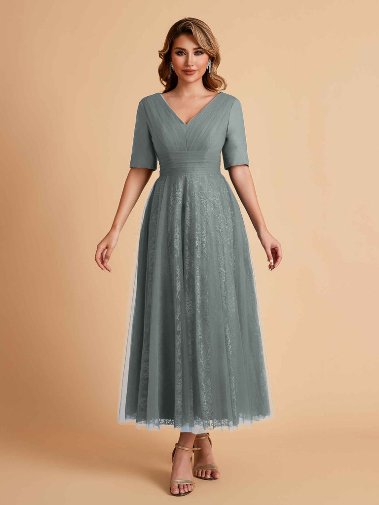 Elegant A-line Short Sleeves Tulle Lace V-neck Maxi Mother of the Brides Dresses Online UK
